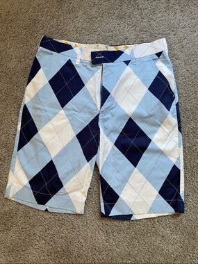Men's “Loud Mouth” Golf Shorts Argyle Light Blue, White and Navy 32 Waist